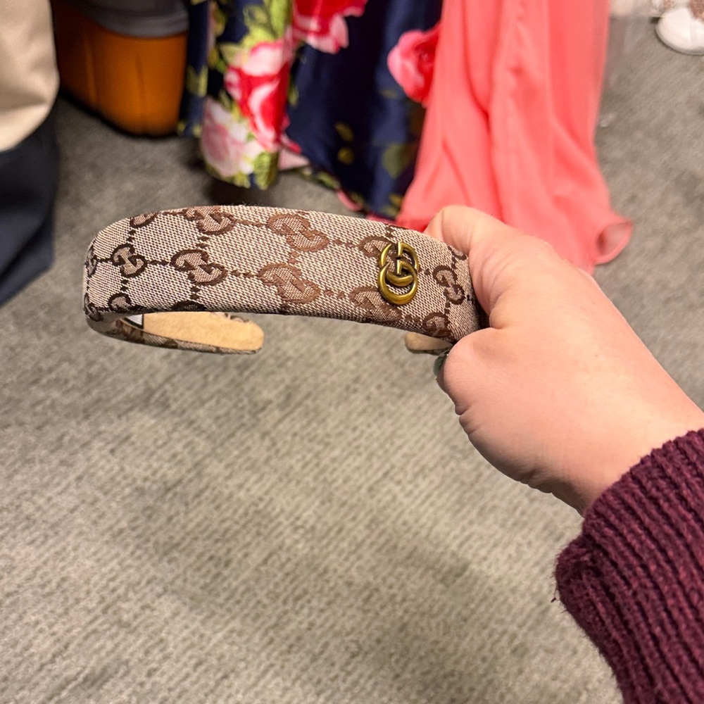 Gucci Upcycled Beige/Brown Monogram Headband with Gold Double G